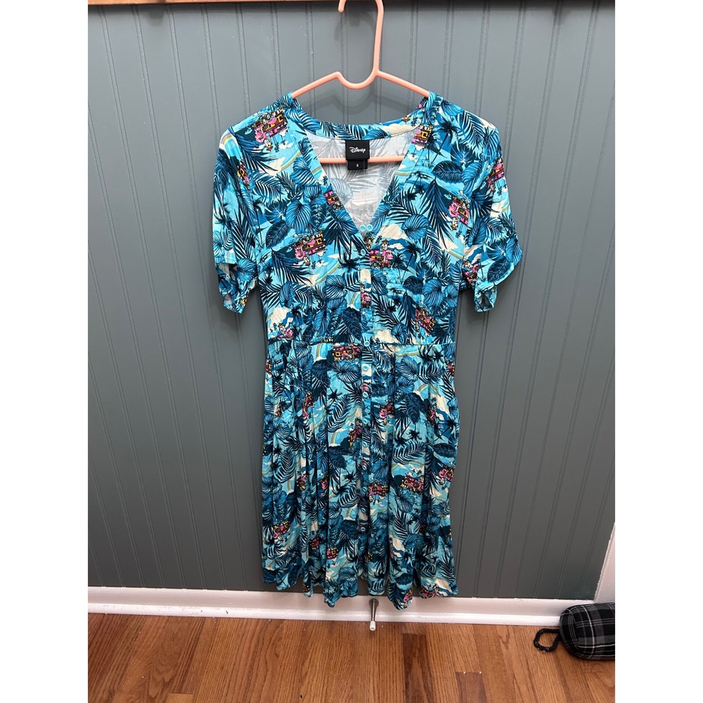 Disney Women Blue Tropical‎ Palm Leaf House Print Button Front Midi Dress Size 0